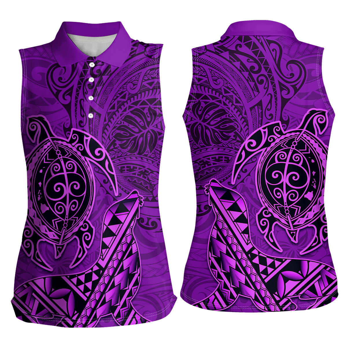 Hawaii Monk Seal and Dolphin Women Sleeveless Polo Shirt Polynesian Kakau Pattern Purple
