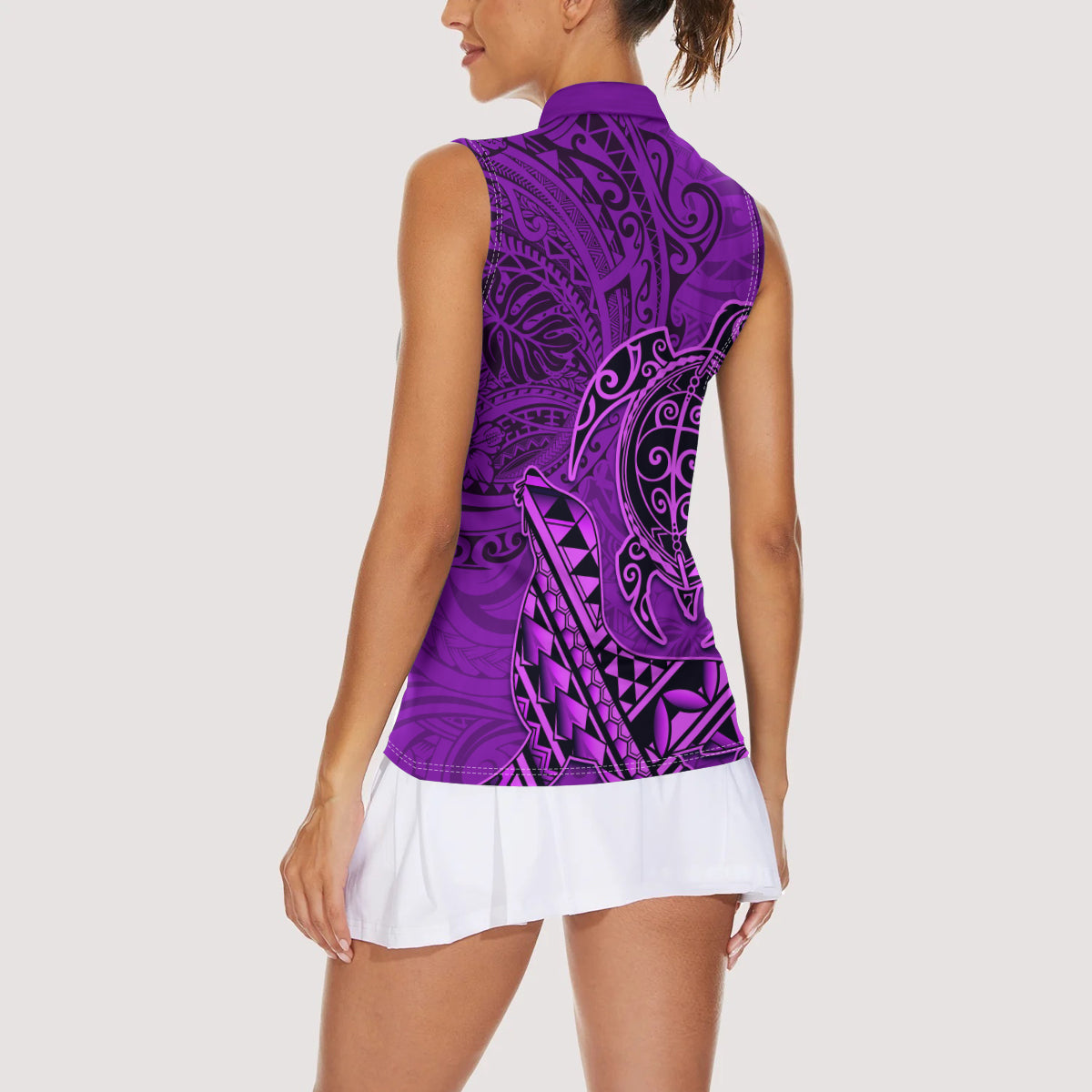 Hawaii Monk Seal and Dolphin Women Sleeveless Polo Shirt Polynesian Kakau Pattern Purple