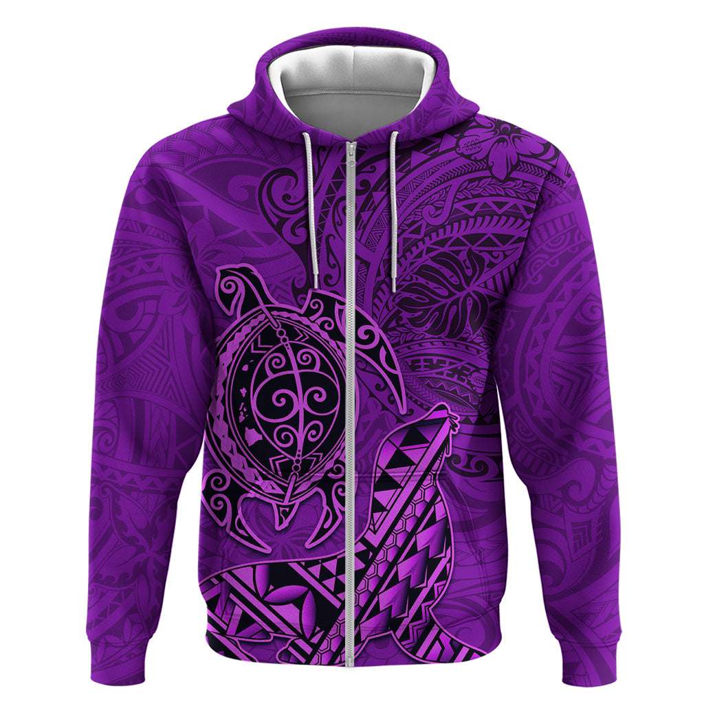 Hawaii Monk Seal and Dolphin Zip Hoodie Polynesian Kakau Pattern Purple