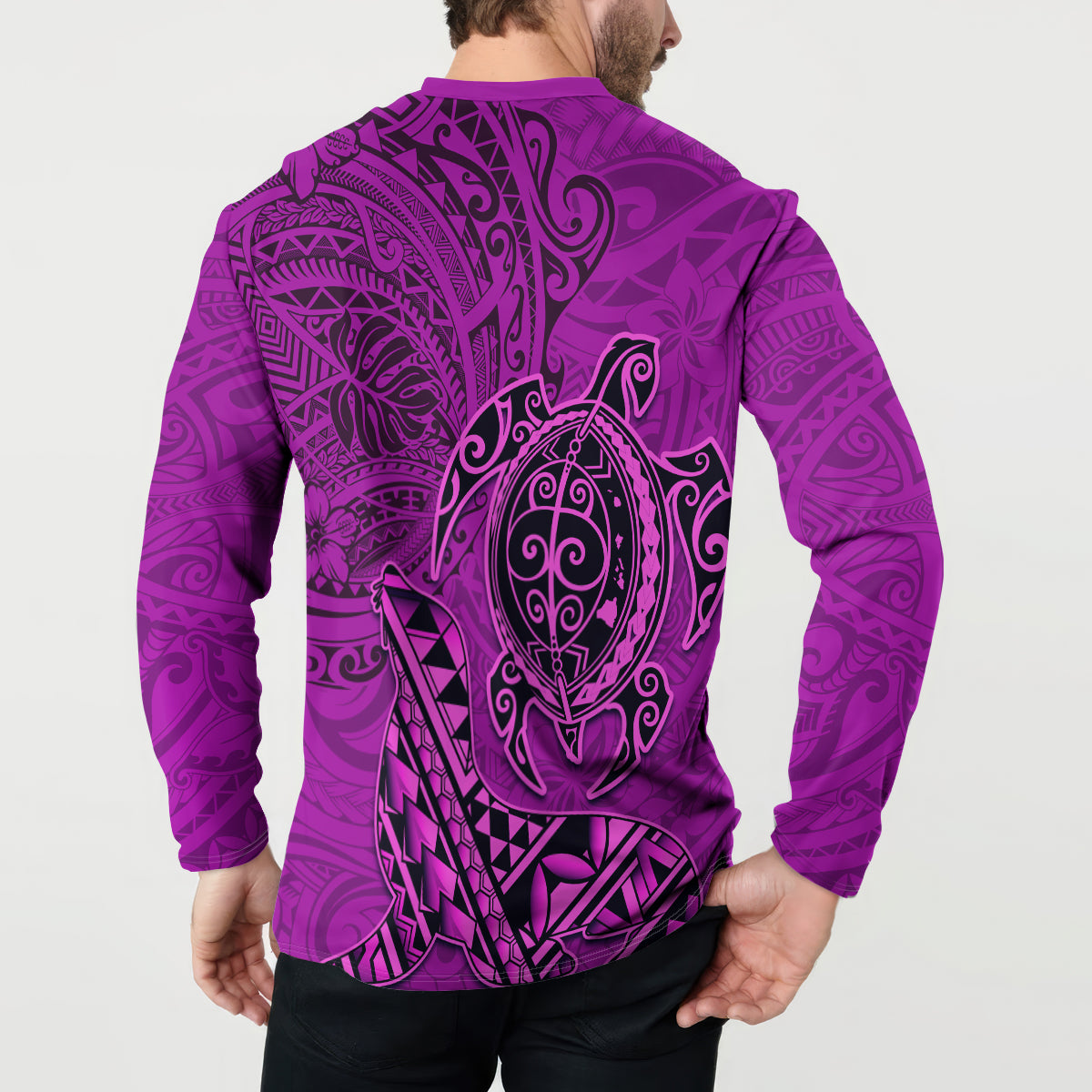 Hawaii Monk Seal and Dolphin Button Sweatshirt Polynesian Kakau Pattern Pink