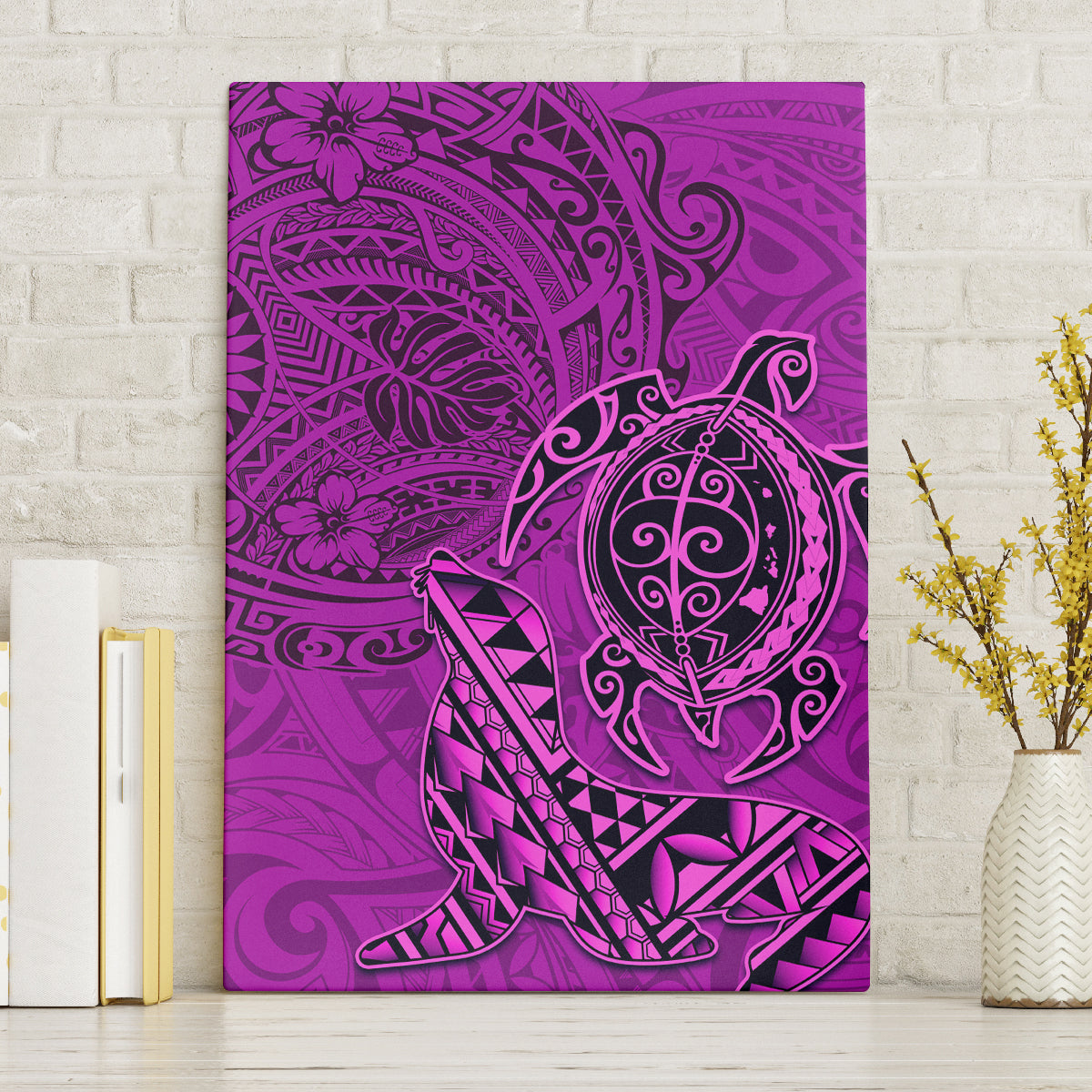 Hawaii Monk Seal and Dolphin Canvas Wall Art Polynesian Kakau Pattern Pink