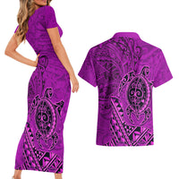 Hawaii Monk Seal and Dolphin Couples Matching Short Sleeve Bodycon Dress and Hawaiian Shirt Polynesian Kakau Pattern Pink