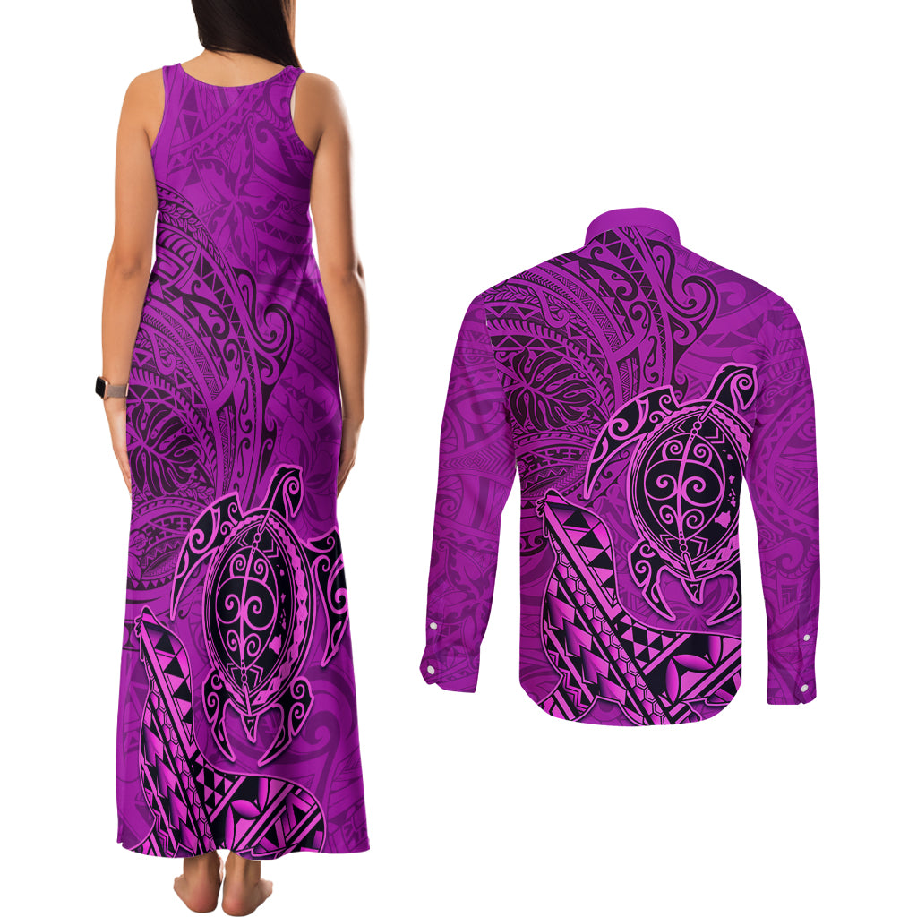 Hawaii Monk Seal and Dolphin Couples Matching Tank Maxi Dress and Long Sleeve Button Shirt Polynesian Kakau Pattern Pink