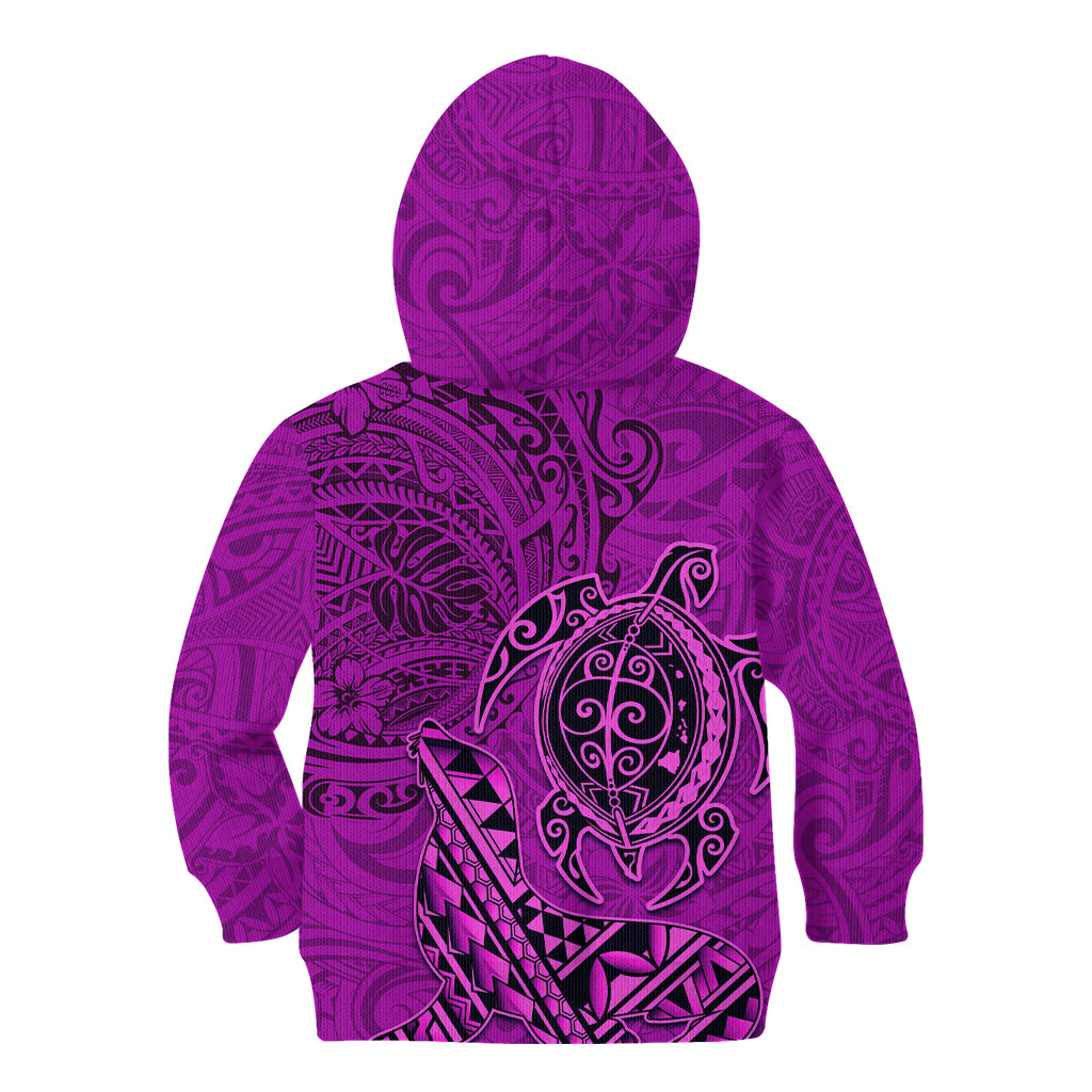 Hawaii Monk Seal and Dolphin Kid Hoodie Polynesian Kakau Pattern Pink
