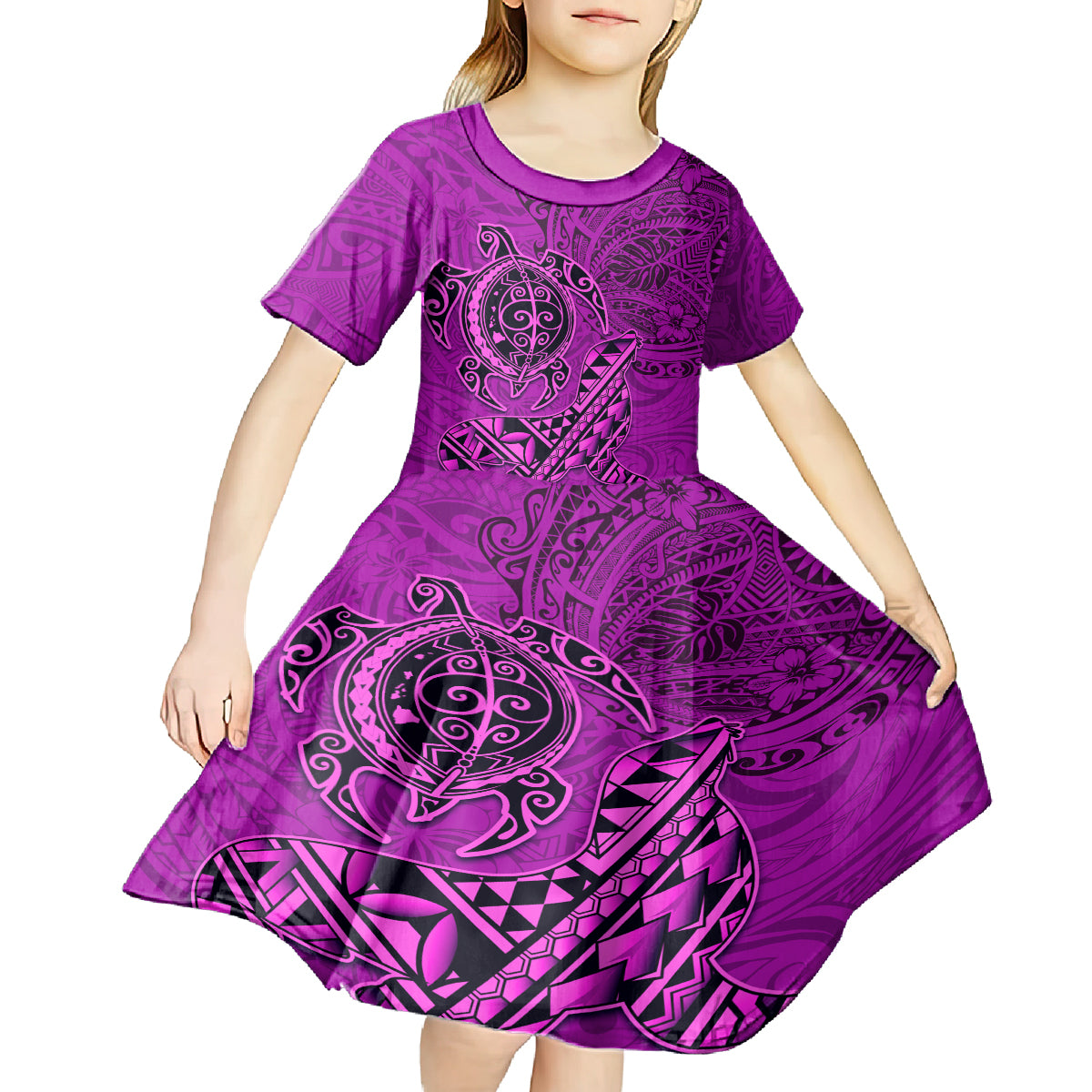 Hawaii Monk Seal and Dolphin Kid Short Sleeve Dress Polynesian Kakau Pattern Pink