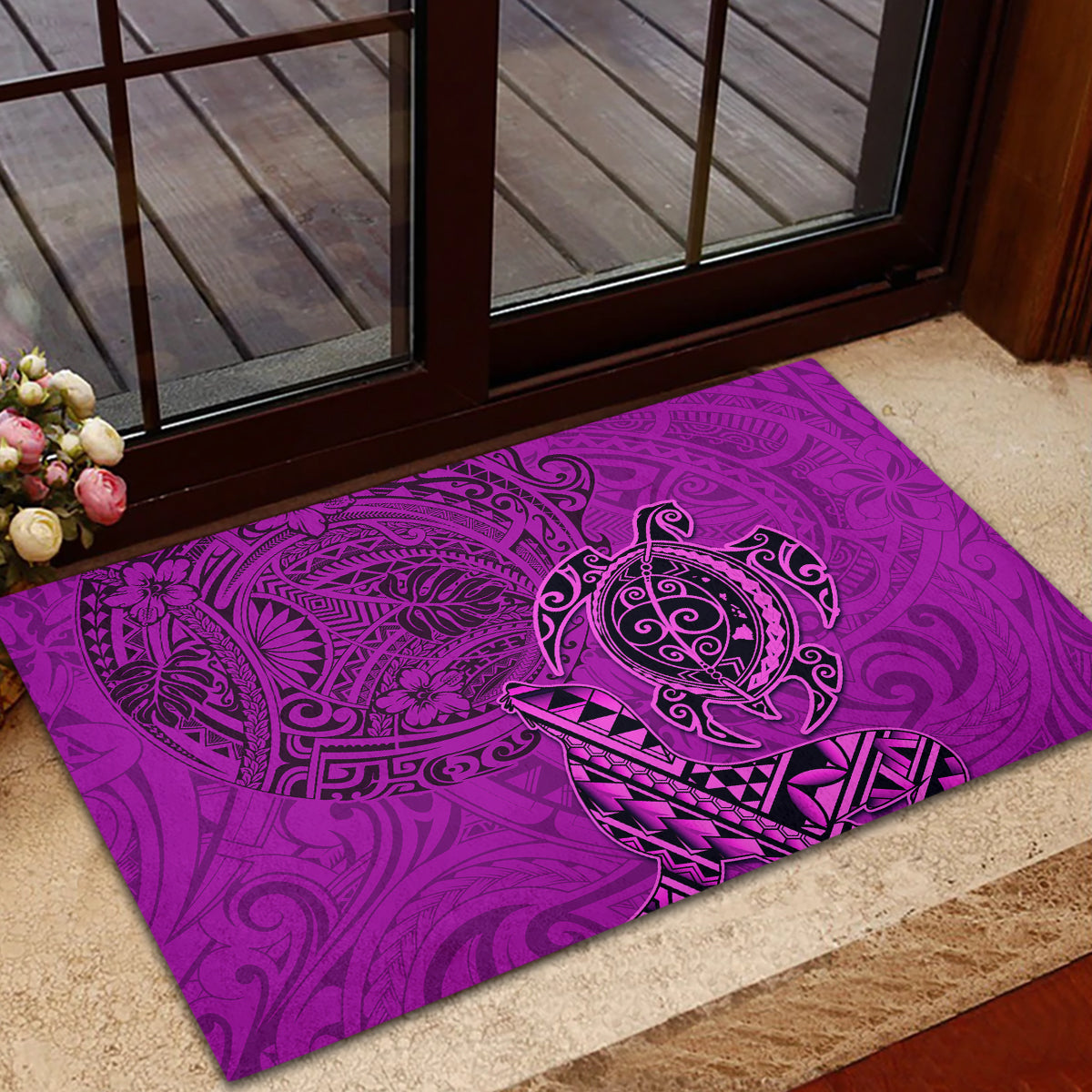 Hawaii Monk Seal and Dolphin Rubber Doormat Polynesian Kakau Pattern Pink