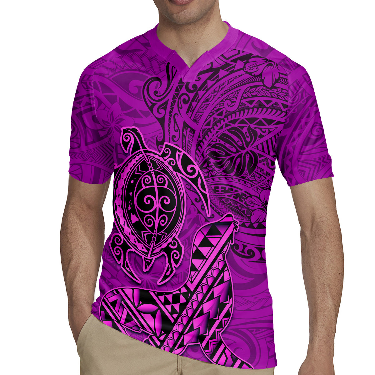 Hawaii Monk Seal and Dolphin Rugby Jersey Polynesian Kakau Pattern Pink
