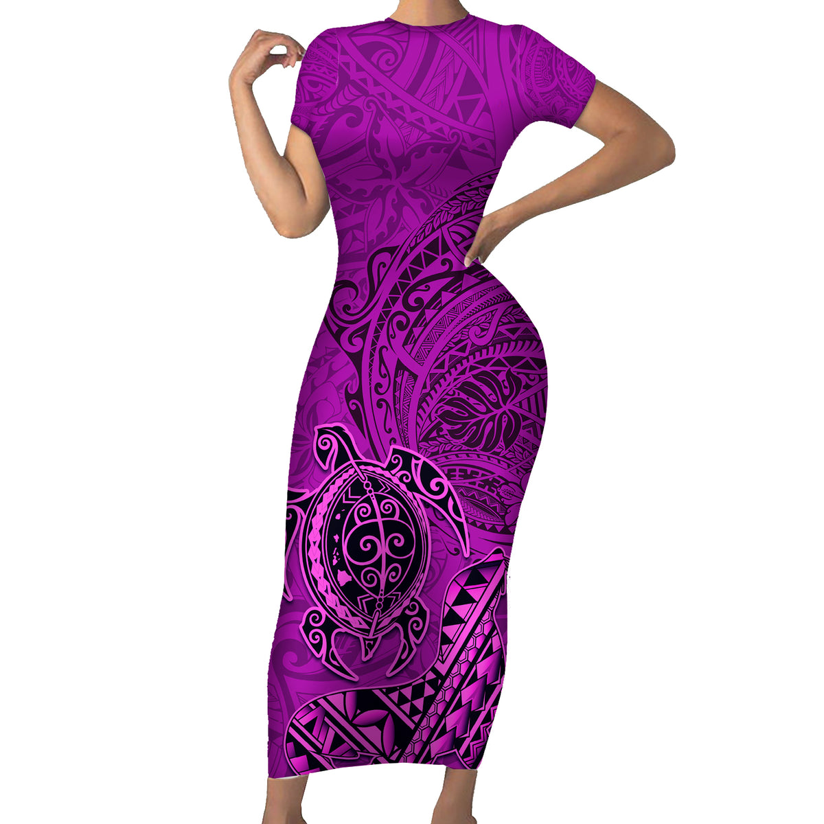 Hawaii Monk Seal and Dolphin Short Sleeve Bodycon Dress Polynesian Kakau Pattern Pink
