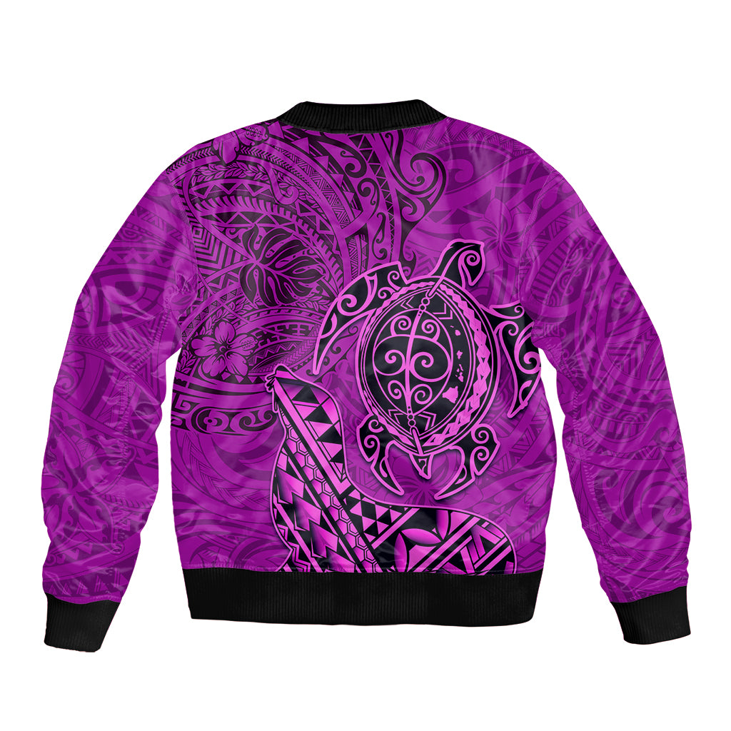 Hawaii Monk Seal and Dolphin Sleeve Zip Bomber Jacket Polynesian Kakau Pattern Pink