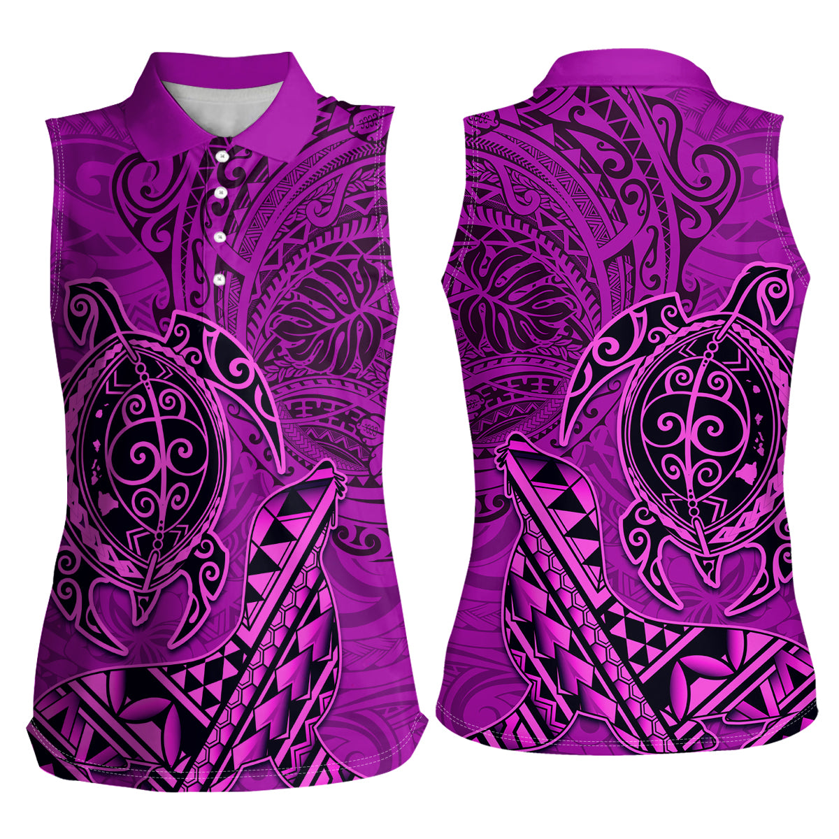 Hawaii Monk Seal and Dolphin Women Sleeveless Polo Shirt Polynesian Kakau Pattern Pink