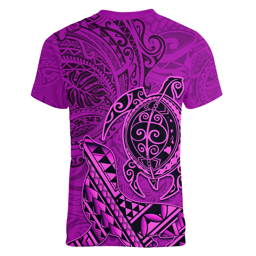 Hawaii Monk Seal and Dolphin Women V-Neck T-Shirt Polynesian Kakau Pattern Pink