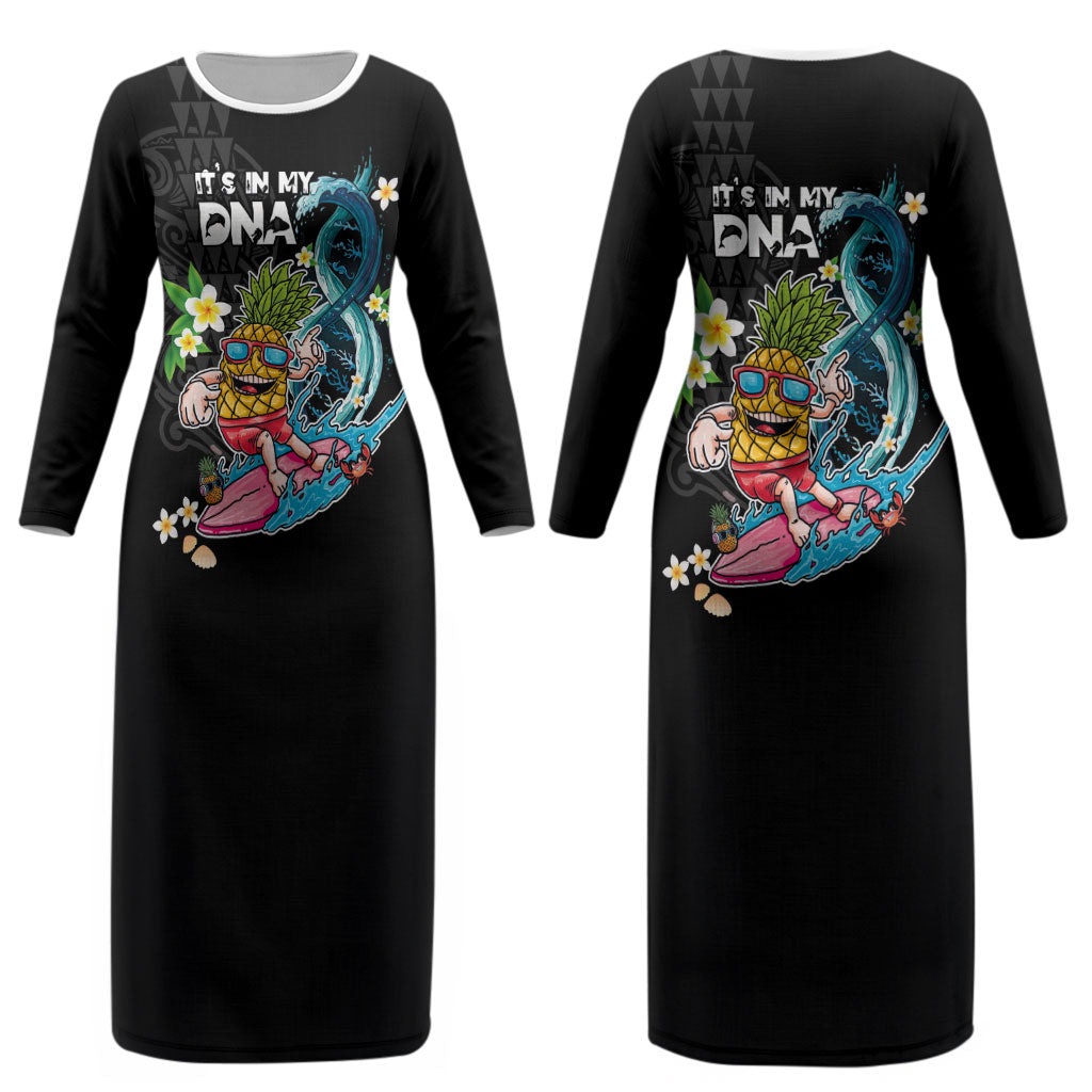 Hawaii Pineapple Surfing Couples Matching Long Sleeve Bodycon Dress and Long Sleeve Button Shirt It's in My DNA - Kakau and Polynesian Pattern LT03 - Polynesian Pride