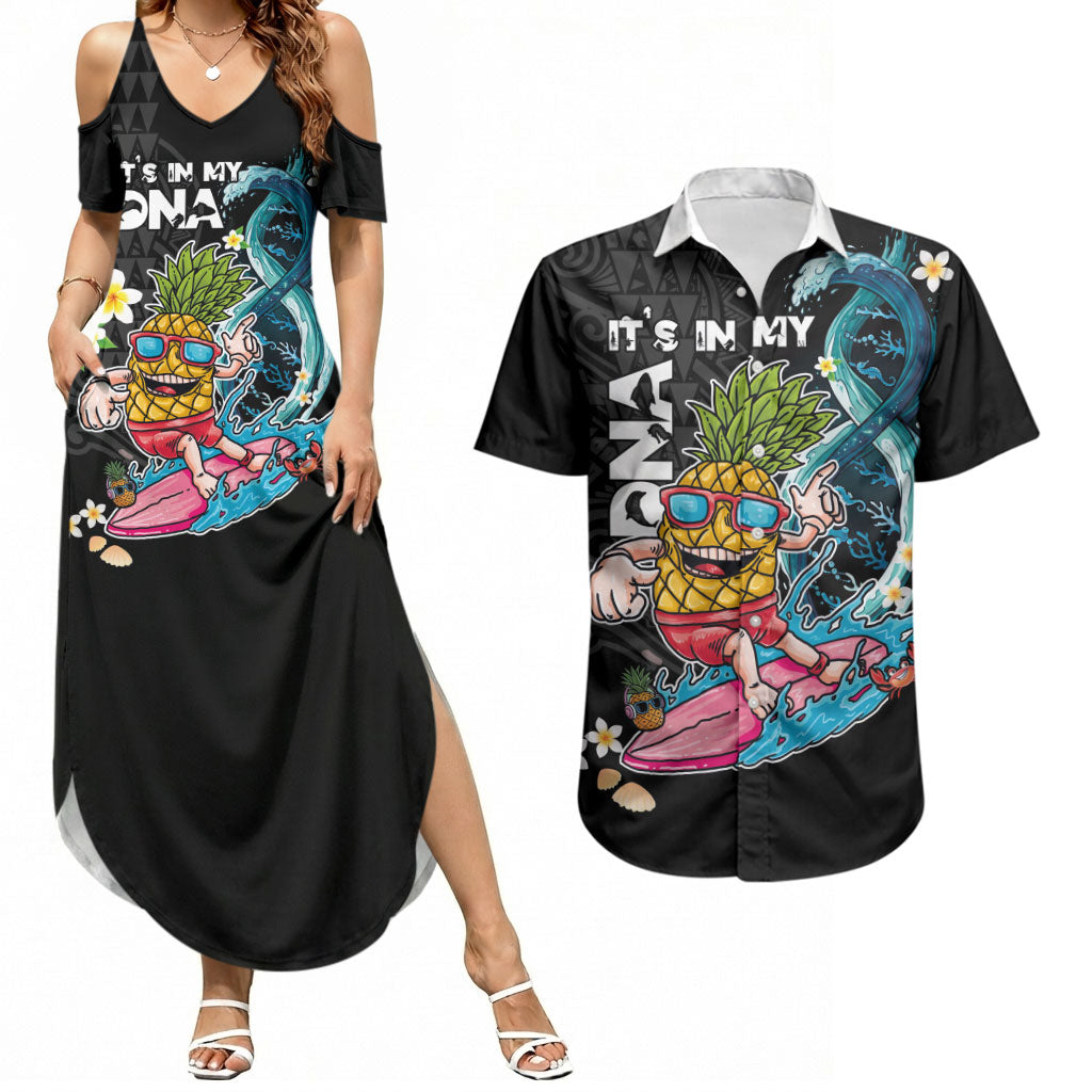 Hawaii Pineapple Surfing Couples Matching Summer Maxi Dress and Hawaiian Shirt It's in My DNA - Kakau and Polynesian Pattern LT03 Black - Polynesian Pride