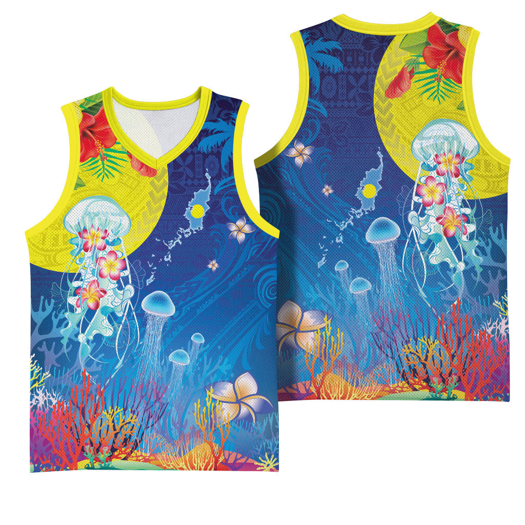 Palau Basketball Jersey Jellyfish with Coral Reefs Ocean Vibe and Tapa Pattern LT03 - Polynesian Pride