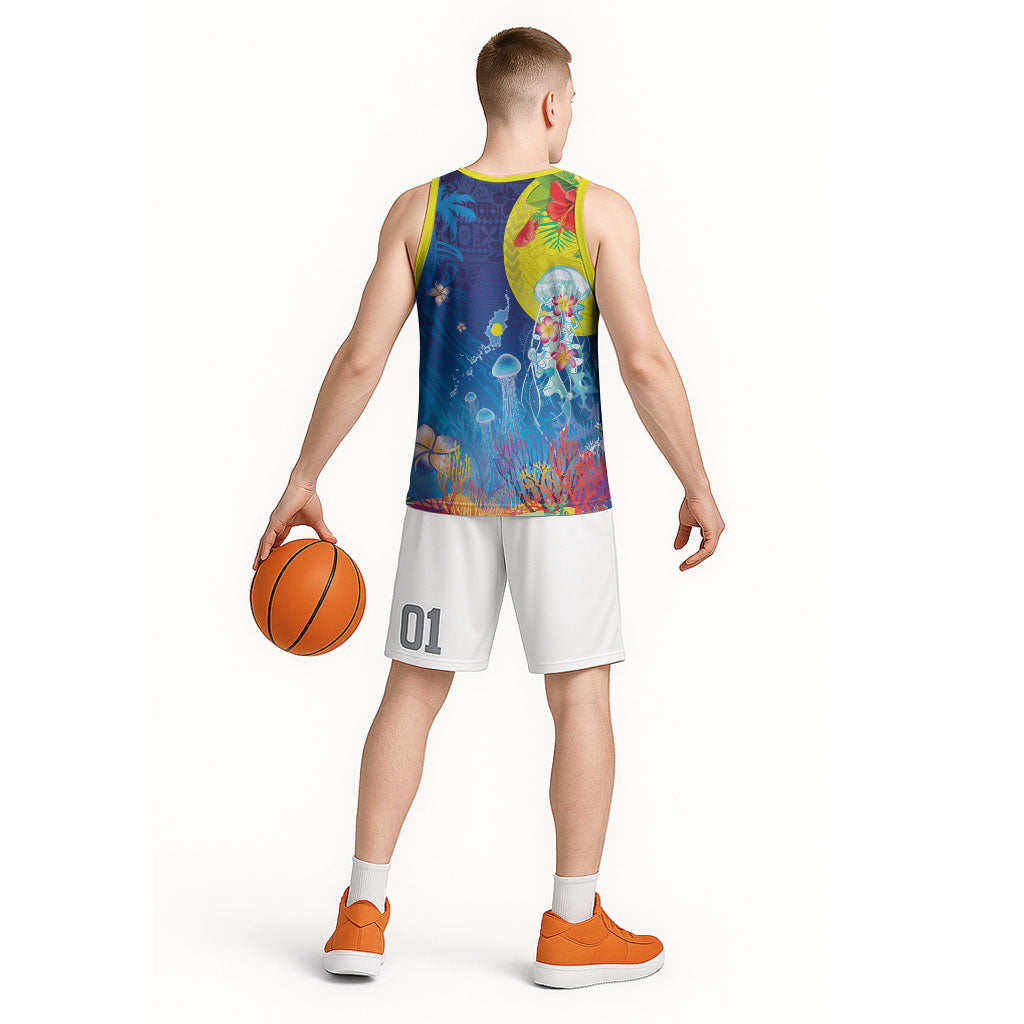 Palau Basketball Jersey Jellyfish with Coral Reefs Ocean Vibe and Tapa Pattern LT03 - Polynesian Pride