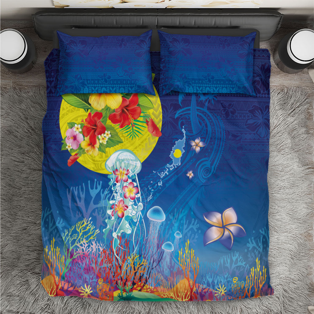 Palau Bedding Set Jellyfish with Coral Reefs Ocean Vibe and Tapa Pattern LT03 Blue - Polynesian Pride