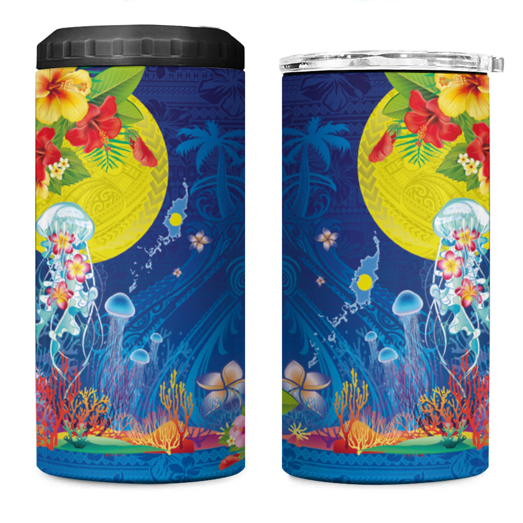 Palau 4 in 1 Can Cooler Tumbler Jellyfish with Coral Reefs Ocean Vibe and Tapa Pattern LT03 One Size: 16 oz Blue - Polynesian Pride