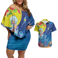 Palau Couples Matching Off Shoulder Short Dress and Hawaiian Shirt Jellyfish with Coral Reefs Ocean Vibe and Tapa Pattern LT03 Blue - Polynesian Pride