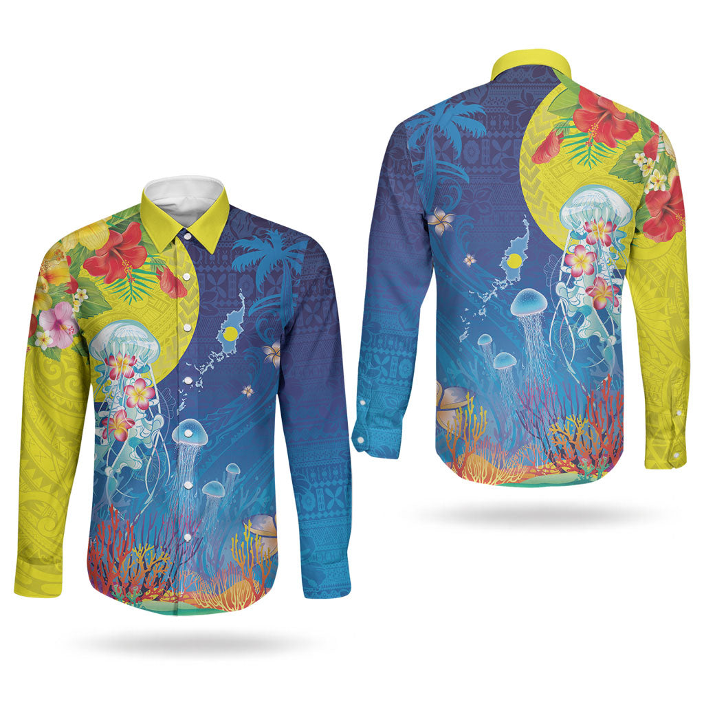 Palau Couples Matching Off The Shoulder Long Sleeve Dress and Long Sleeve Button Shirt Jellyfish with Coral Reefs Ocean Vibe and Tapa Pattern LT03 - Polynesian Pride