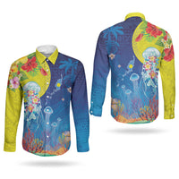 Palau Couples Matching Puletasi and Long Sleeve Button Shirt Jellyfish with Coral Reefs Ocean Vibe and Tapa Pattern LT03 - Polynesian Pride