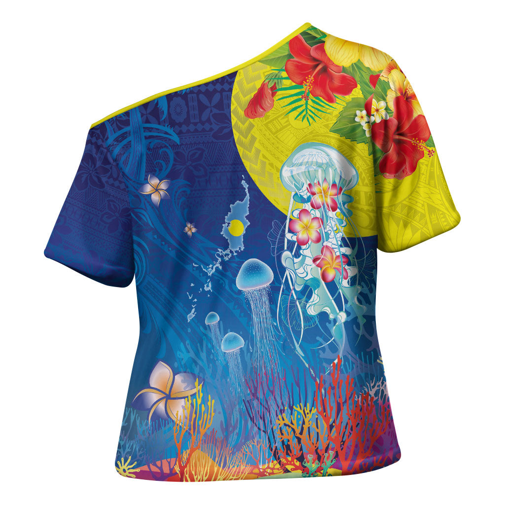 Palau Cross Shoulder Shirt Jellyfish with Coral Reefs Ocean Vibe and Tapa Pattern LT03 - Polynesian Pride