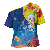 Palau Cross Shoulder Shirt Jellyfish with Coral Reefs Ocean Vibe and Tapa Pattern LT03 - Polynesian Pride