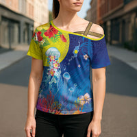 Palau Cross Shoulder Shirt Jellyfish with Coral Reefs Ocean Vibe and Tapa Pattern LT03 - Polynesian Pride