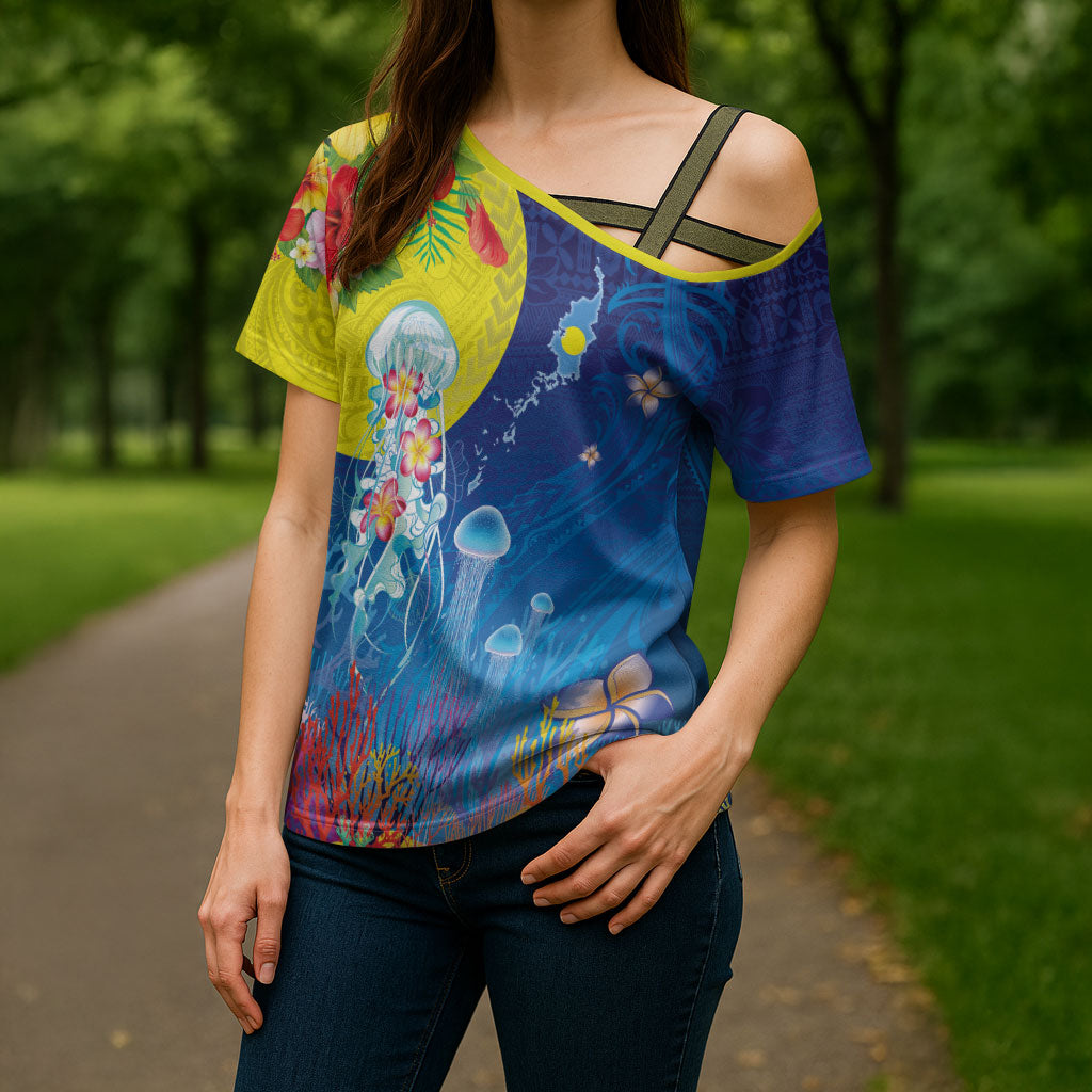 Palau Cross Shoulder Shirt Jellyfish with Coral Reefs Ocean Vibe and Tapa Pattern LT03 - Polynesian Pride