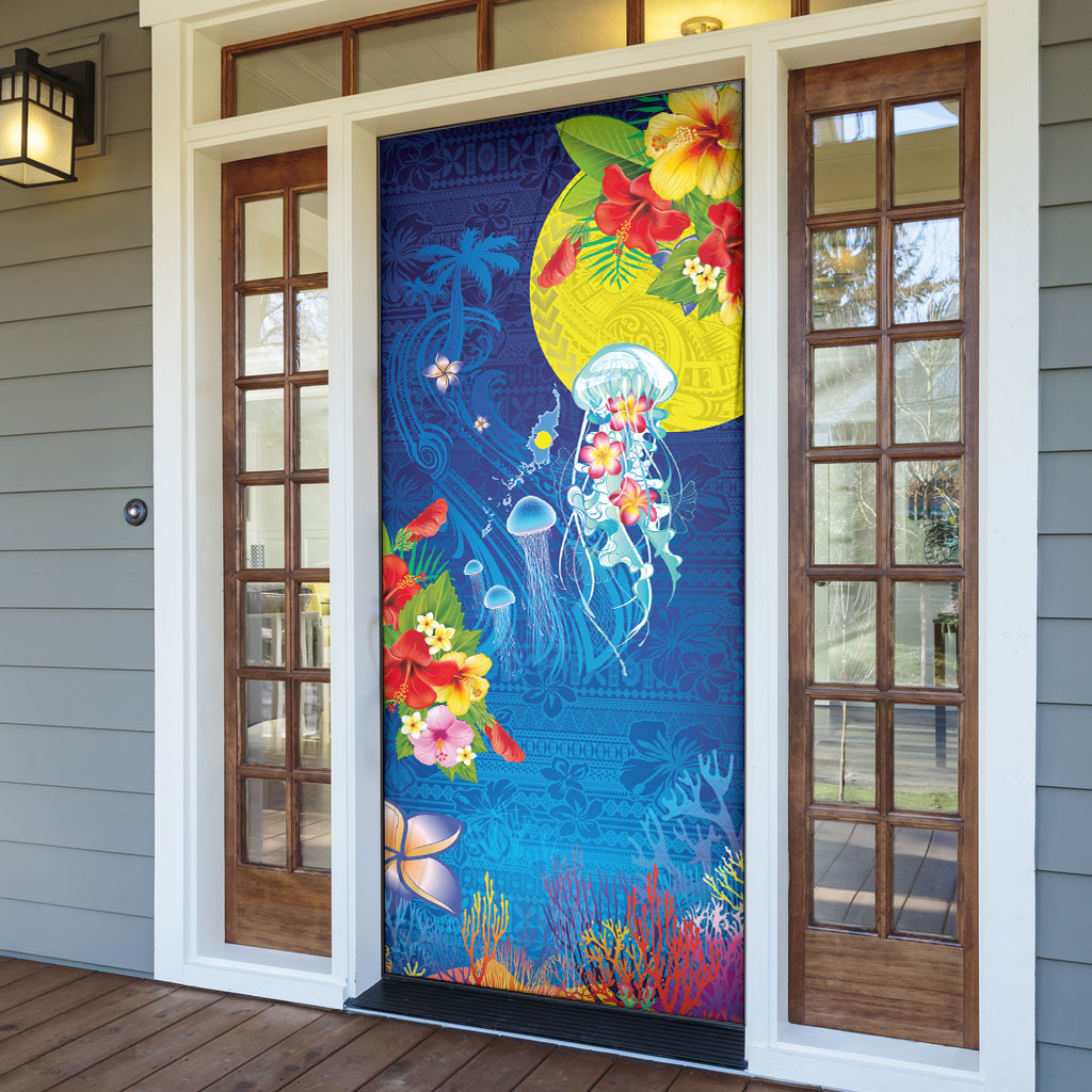 Palau Door Cover Jellyfish with Coral Reefs Ocean Vibe and Tapa Pattern LT03 - Polynesian Pride