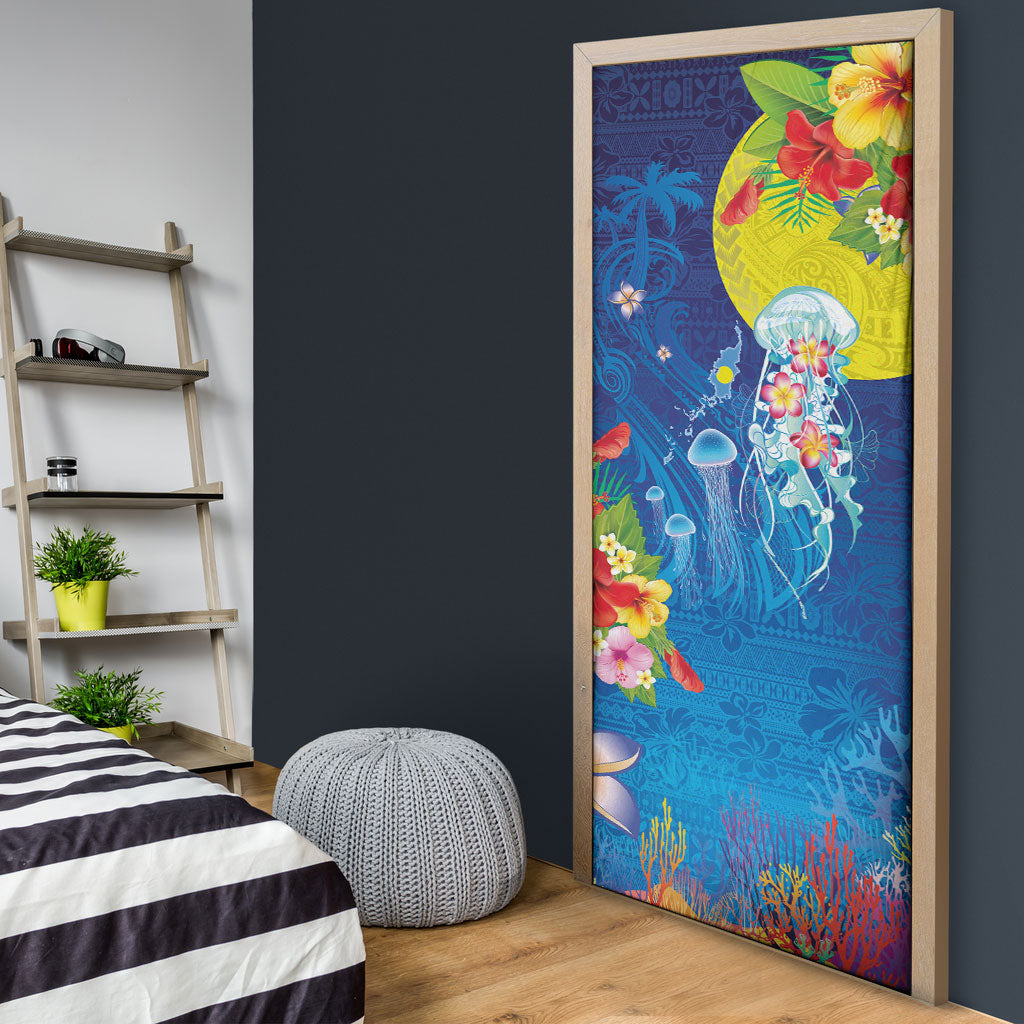 Palau Door Cover Jellyfish with Coral Reefs Ocean Vibe and Tapa Pattern LT03 - Polynesian Pride