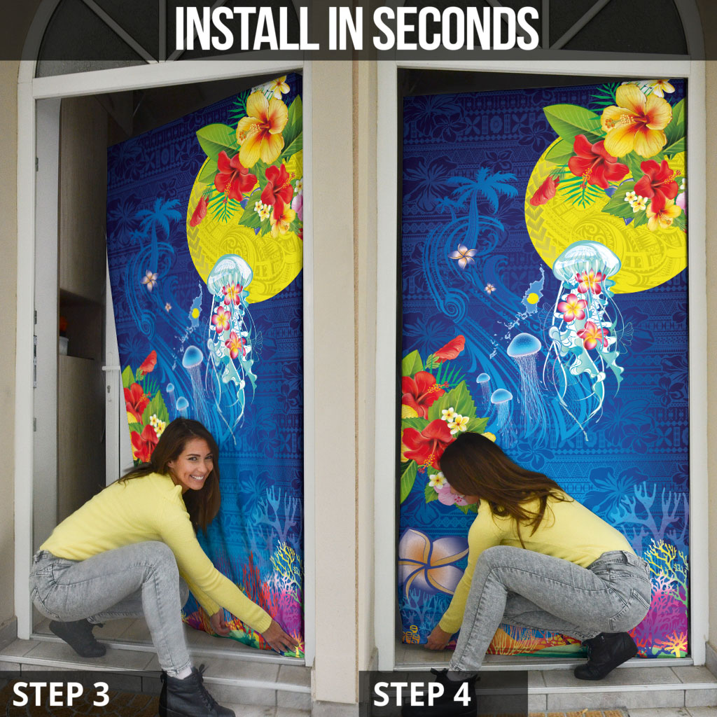 Palau Door Cover Jellyfish with Coral Reefs Ocean Vibe and Tapa Pattern LT03 - Polynesian Pride
