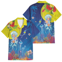 Palau Family Matching Mermaid Dress and Hawaiian Shirt Jellyfish with Coral Reefs Ocean Vibe and Tapa Pattern LT03 Dad's Shirt - Short Sleeve Blue - Polynesian Pride
