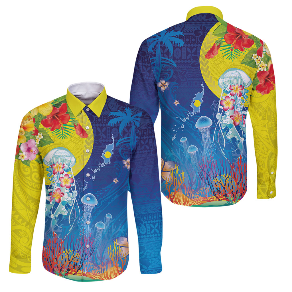 Palau Family Matching Mermaid Dress and Hawaiian Shirt Jellyfish with Coral Reefs Ocean Vibe and Tapa Pattern LT03 Dad's Shirt - Long Sleeve Blue - Polynesian Pride