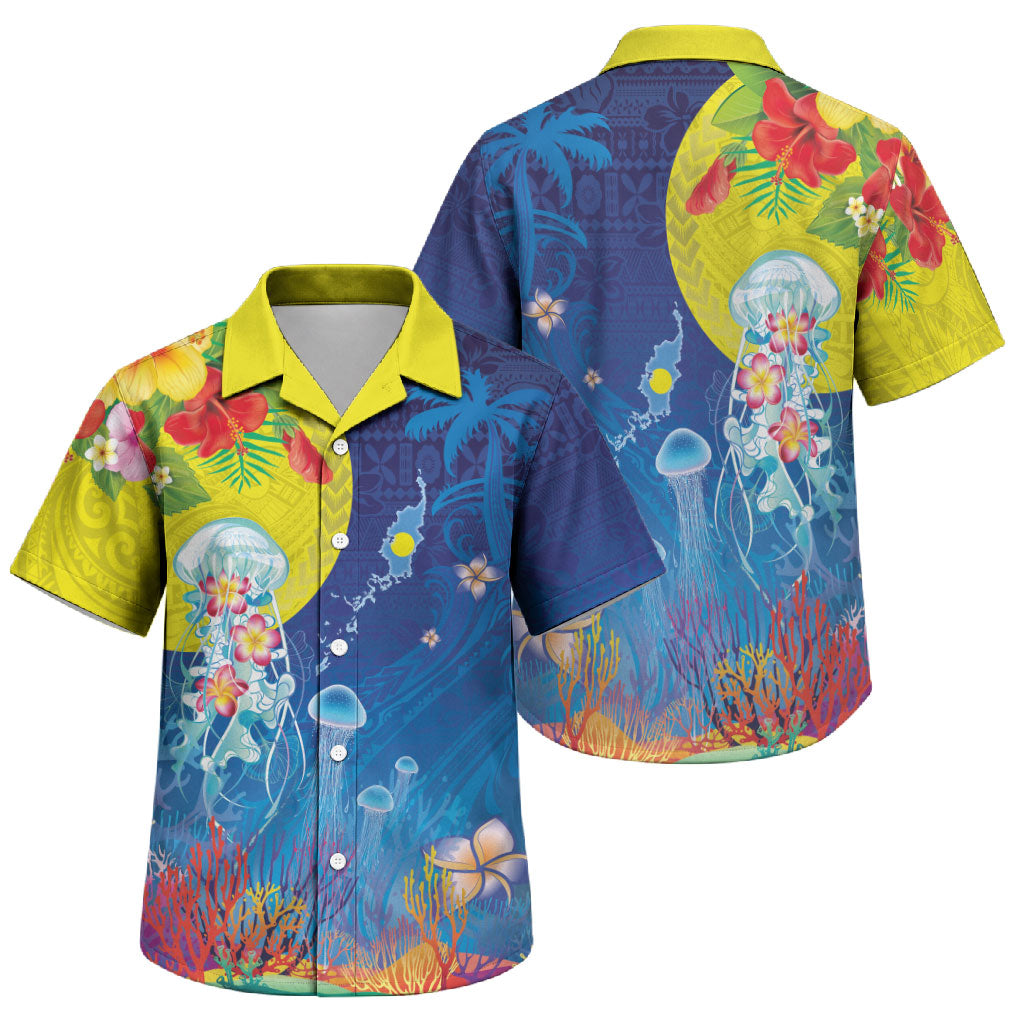 Palau Family Matching Mermaid Dress and Hawaiian Shirt Jellyfish with Coral Reefs Ocean Vibe and Tapa Pattern LT03 Son's Shirt Blue - Polynesian Pride
