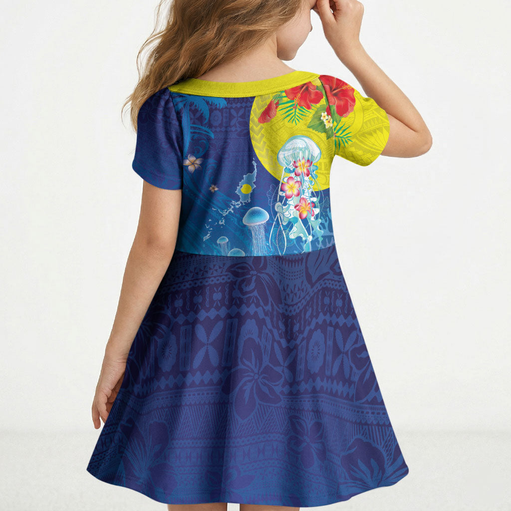 Palau Kid Short Sleeve Dress Jellyfish with Coral Reefs Ocean Vibe and Tapa Pattern LT03 - Polynesian Pride