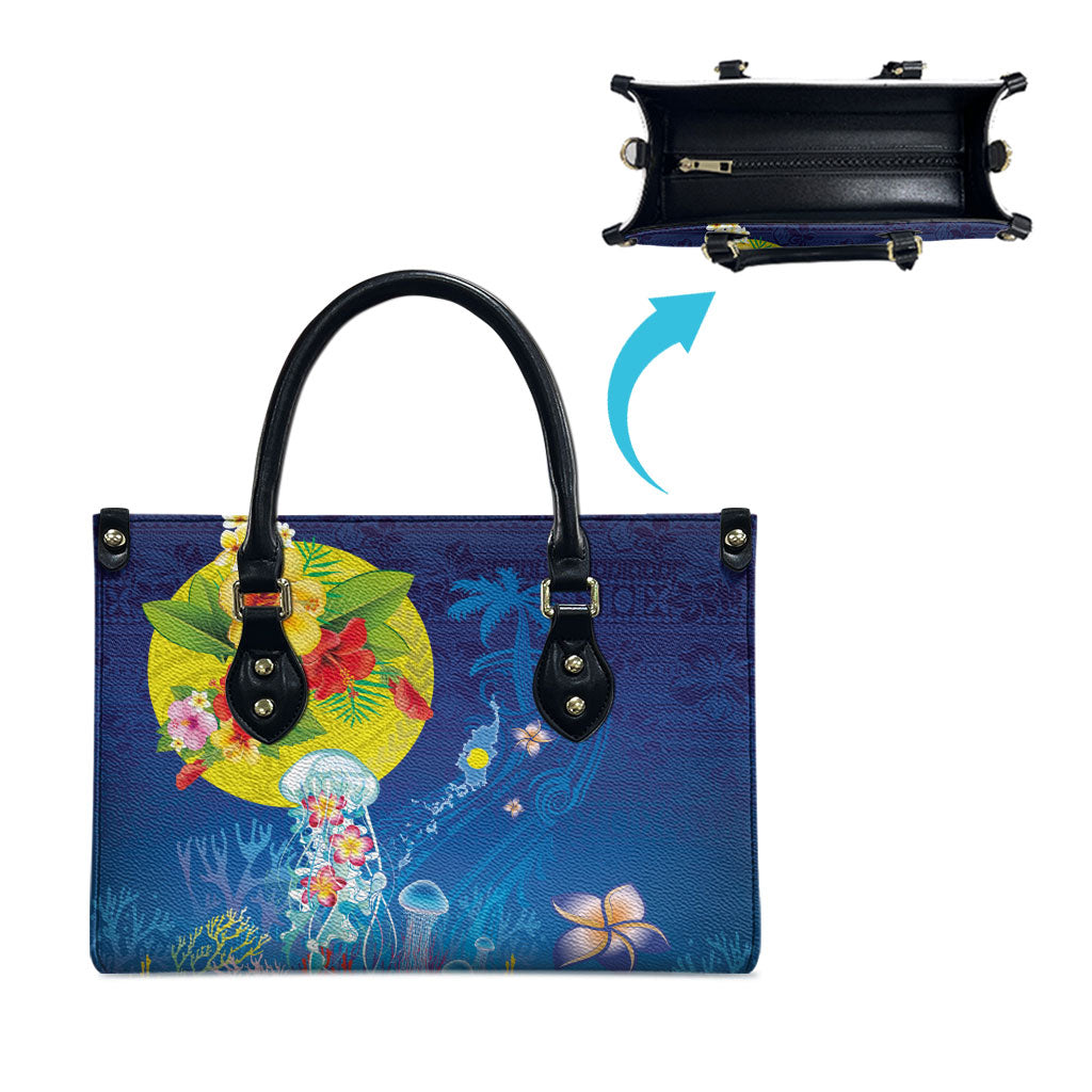 Palau Leather Bag Jellyfish with Coral Reefs Ocean Vibe and Tapa Pattern LT03 - Polynesian Pride