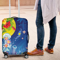 Palau Luggage Cover Jellyfish with Coral Reefs Ocean Vibe and Tapa Pattern LT03 Blue - Polynesian Pride