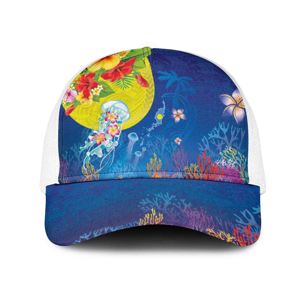Palau Mesh Trucker Cap Jellyfish with Coral Reefs Ocean Vibe and Tapa Pattern LT03 One Size White Blue - Polynesian Pride
