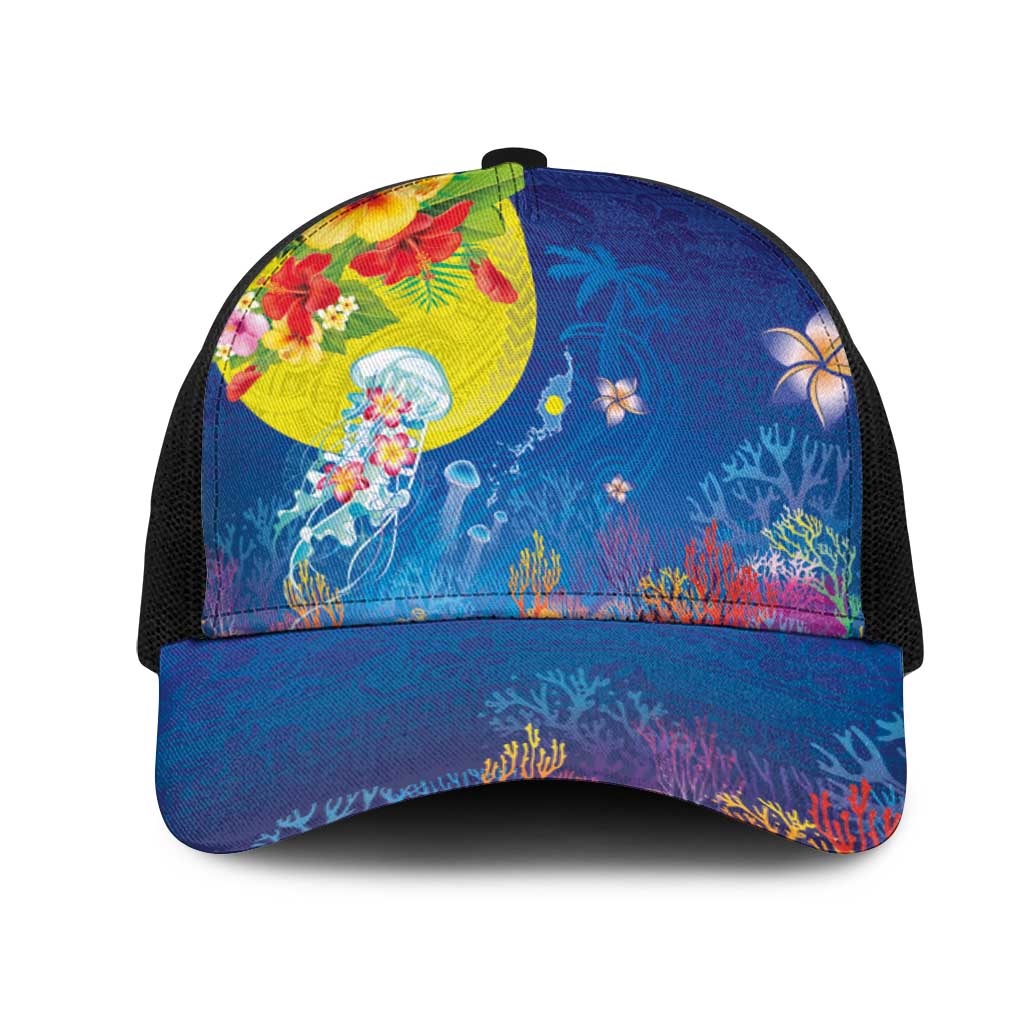 Palau Mesh Trucker Cap Jellyfish with Coral Reefs Ocean Vibe and Tapa Pattern LT03 One Size Black Blue - Polynesian Pride