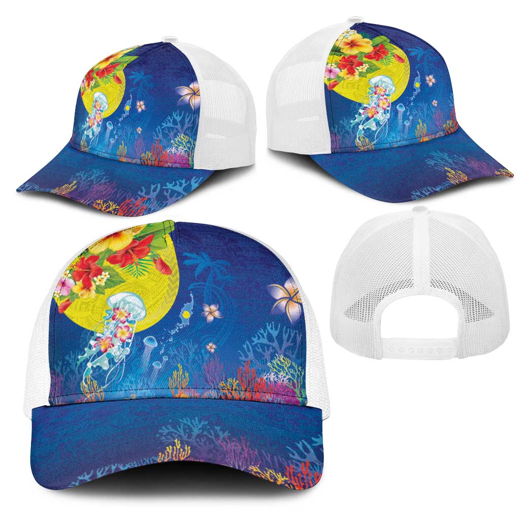 Palau Mesh Trucker Cap Jellyfish with Coral Reefs Ocean Vibe and Tapa Pattern LT03 - Polynesian Pride
