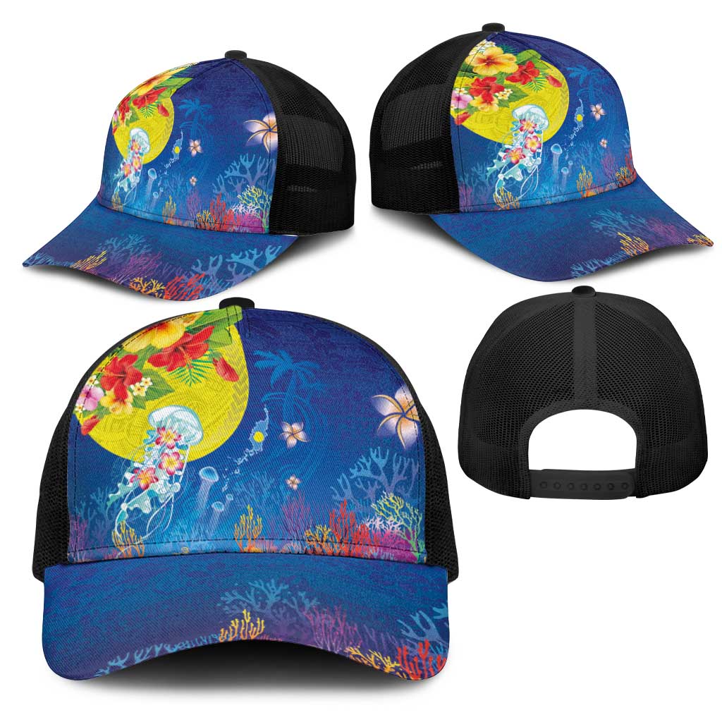 Palau Mesh Trucker Cap Jellyfish with Coral Reefs Ocean Vibe and Tapa Pattern LT03 - Polynesian Pride