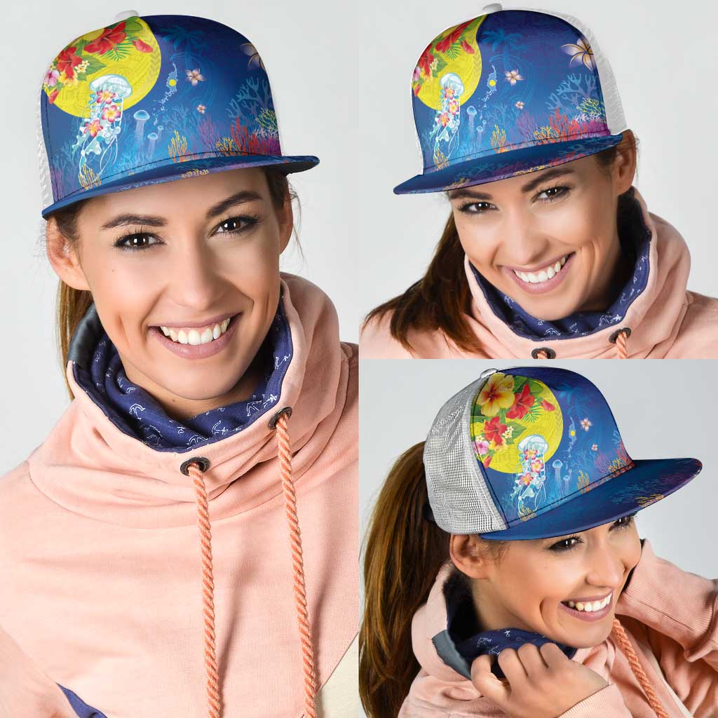 Palau Mesh Trucker Cap Jellyfish with Coral Reefs Ocean Vibe and Tapa Pattern LT03 - Polynesian Pride