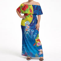 Palau Off Shoulder Maxi Dress Jellyfish with Coral Reefs Ocean Vibe and Tapa Pattern LT03 Women Blue - Polynesian Pride