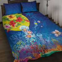 Palau Quilt Bed Set Jellyfish with Coral Reefs Ocean Vibe and Tapa Pattern LT03 Blue - Polynesian Pride