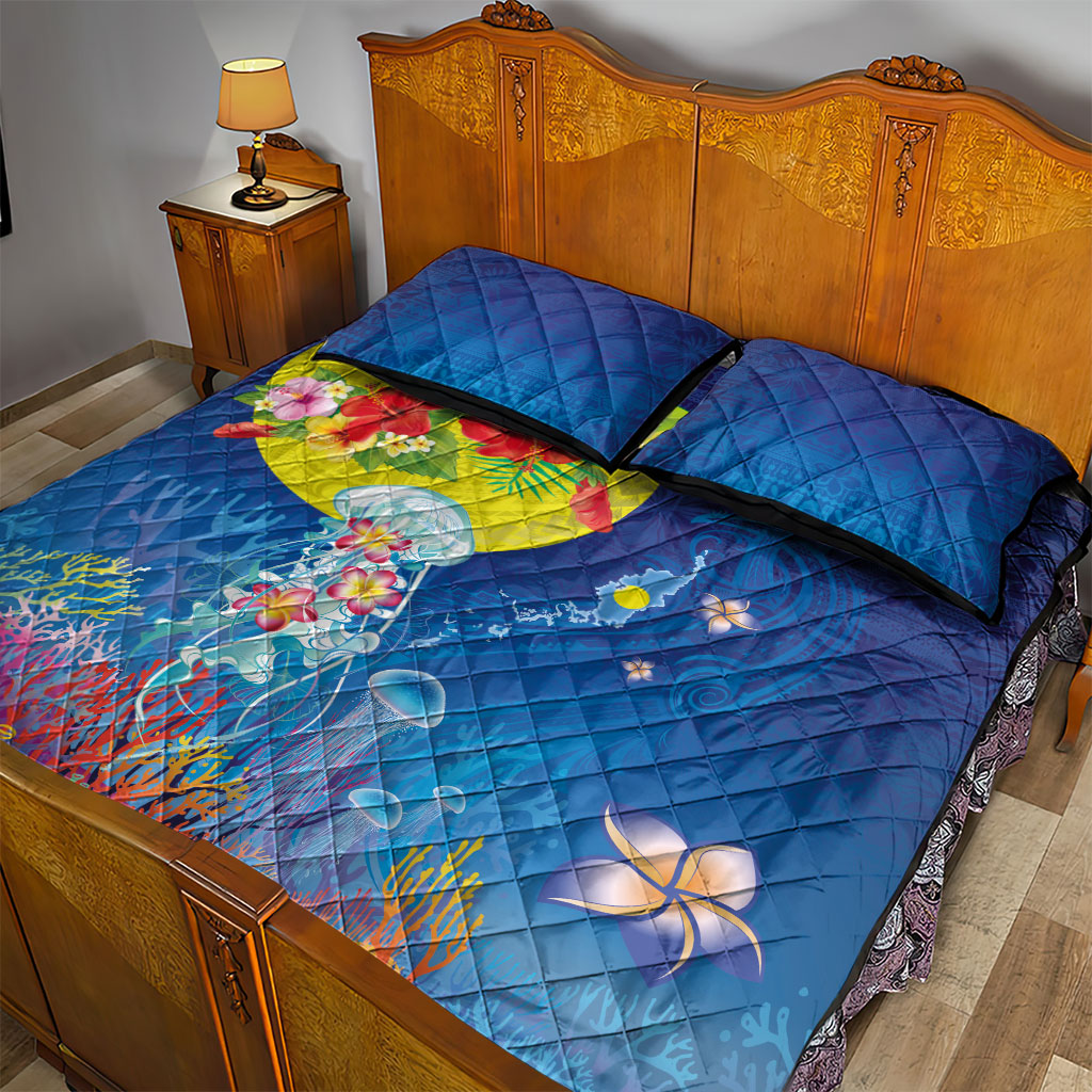 Palau Quilt Bed Set Jellyfish with Coral Reefs Ocean Vibe and Tapa Pattern LT03 - Polynesian Pride
