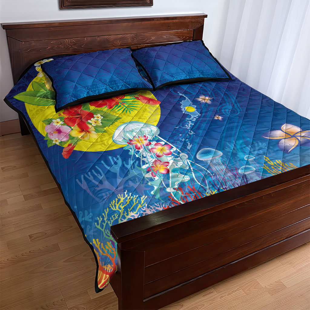 Palau Quilt Bed Set Jellyfish with Coral Reefs Ocean Vibe and Tapa Pattern LT03 - Polynesian Pride