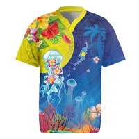 Palau Rugby Jersey Jellyfish with Coral Reefs Ocean Vibe and Tapa Pattern LT03 Blue - Polynesian Pride
