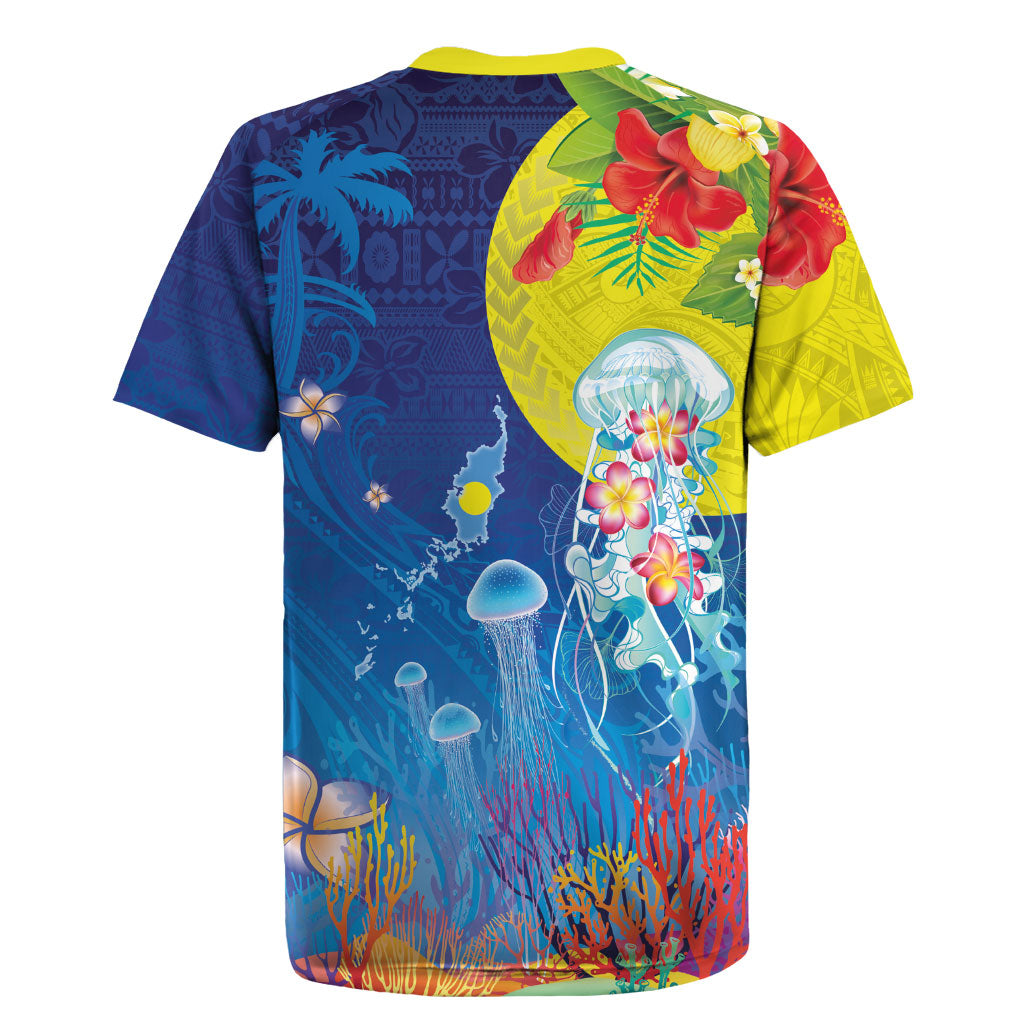 Palau Rugby Jersey Jellyfish with Coral Reefs Ocean Vibe and Tapa Pattern LT03 - Polynesian Pride