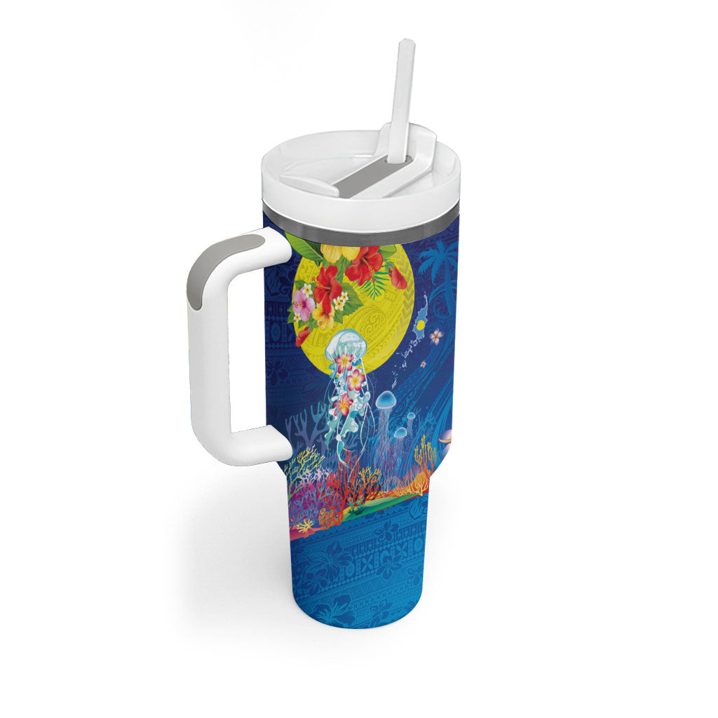 Palau Tumbler With Handle Jellyfish with Coral Reefs Ocean Vibe and Tapa Pattern LT03 - Polynesian Pride