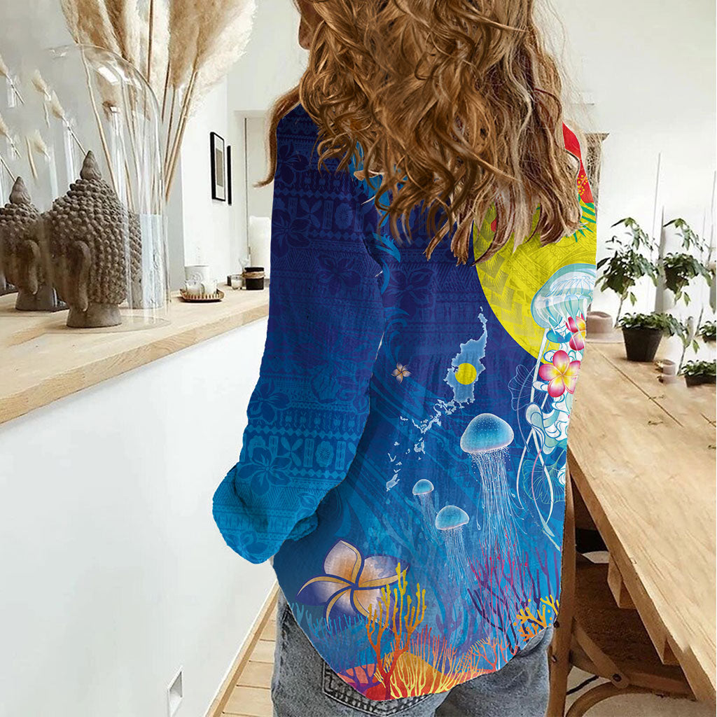 Palau Women Casual Shirt Jellyfish with Coral Reefs Ocean Vibe and Tapa Pattern LT03 - Polynesian Pride